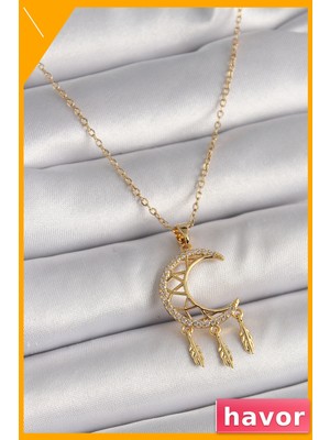 Havor Zirkon Taşlı Hilal Model Sallantı Yaprak Detaylı Kadın Kolye