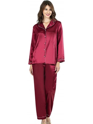 Nemere Bordo Ikili Saten Gecelik Pijama Takımı 7647