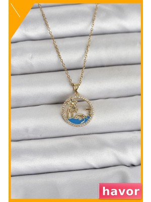 Havor Deniz Temalı Zirkon Taşlı Kadın Kolye 316L Çelik Zincir Gold