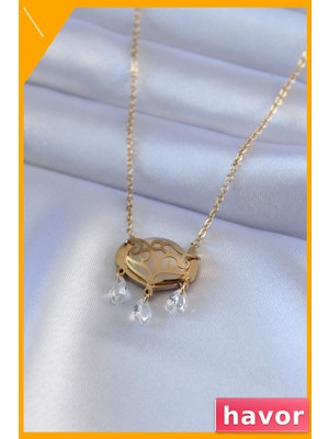 Havor Zirkon Taşlı Lotus Desenli Kadın Kolye 45CM Zincir Uzunluğu