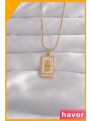Havor Paslanmaz Çelik Tarot Kolye Pembe Mineli El Figürü