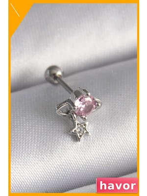 Havor Paslanmaz Çelik Tragus Piercing Pembe Zirkon Taşlı