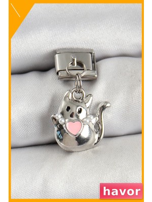 Havor Sallantılı Kalp Detaylı Kedi Model Gümüş Renk Charm Bileklik