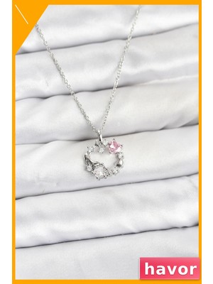 Havor Pembe Taş Detaylı Çelenk Model Kadın Kolye 45CM Zincir