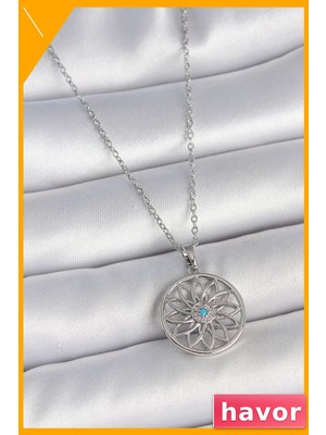 Havor Mavi Taşlı Lotus Desenli Kadın Kolye 45CM Zincir Uzunluğu