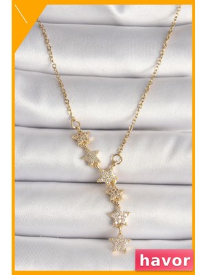 Havor Kadın Kolye Zirkon Taşlı Yıldız Desen Gold Renk Çelik Zincir