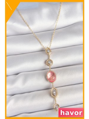Havor Pembe Zirkon Taşlı Y Formu Kolye 45CM Zincir Uzunluğu