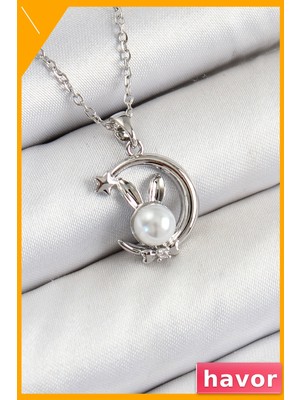 Havor Hilal Tavşan Figürlü Incelikli Kadın Kolye 45CM Zincir