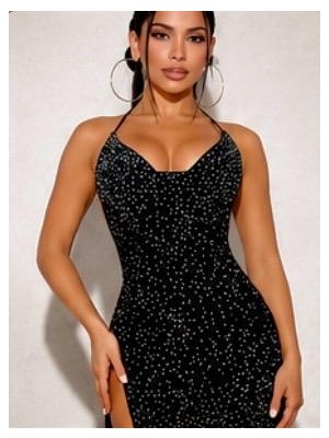 Siyah Mini Elbise, Simli, Derin Yaka, Sırt Bağcıklı, Yırtmaçlı, Gece Elbisesi