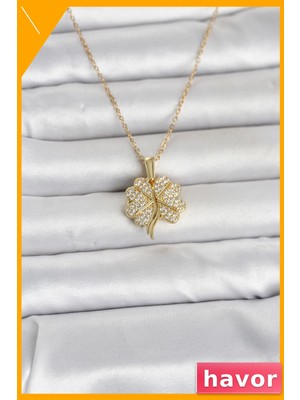 Havor Yonca Model Zirkon Taşlı Açılabilir Kolye 316L Çelik Gold