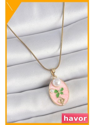 Havor Pembe Mineli Oval Incili Çiçek Işlemeli Kadın Kolye 45CM
