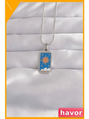 Havor Mavi Mineli Tarot Sembollü Kolye 316L Çelik Gümüş Renk
