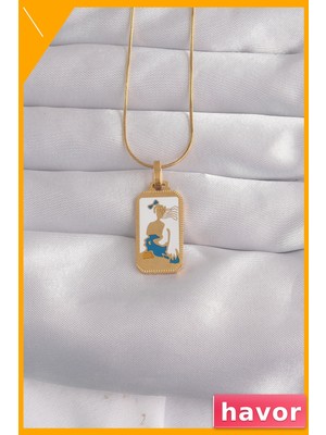 Havor Paslanmaz Çelik Tarot Kolye Beyaz Mineli Kız Figürü