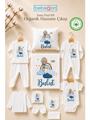 Bebeqon İsme Özel 11 Parça  %100 Organik Pamuk Yenidoğan Bebek Hastane Çıkışı Seti Sevimli Desenli Beyaz