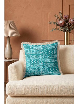 Hanna Home Dekoratif Yastık Kılıfı Turkuaz Dekoratif Geometrik Saçaklı Kırlent Koltuk Takımı Aksesuarı 43X43 cm