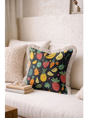 Hanna Home Dekoratif Yastık Kılıfı Kırlent Kılıfı Neşeli Meyve Desenli Kırlent Kılıfı Salon Koltuk Yastığı 43X43 cm