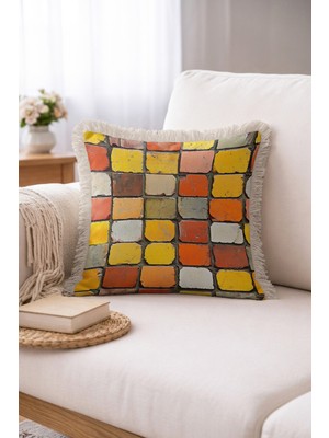 Hanna Home Saçaklı Saçaklı Kırlent Rengarenk Taş Desenli Kırlent Kılıfı Yatak Odası Dekoru 43X43 cm