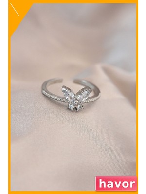 Havor Kelebek Model Zirkon ve Kristal Taşlı Ayarlanabilir Metal Yüzük Kadın Aksesuar