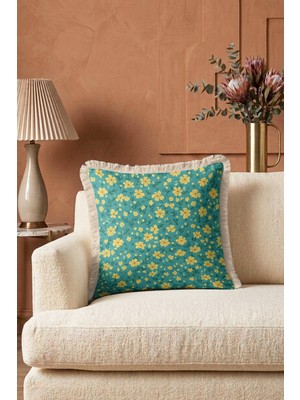 Hanna Home Saçaklı Saçaklı Kırlent Tropikal Çiçek Desenli Dekoratif Yastık Kılıfı Ev Dekorasyonu 43X43 cm