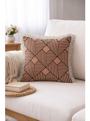 Hanna Home Dekoratif Yastık Kılıfı Toprak Kahverengi Geometrik Desenli Saçaklı Kırlent Ev Dekorasyonu 43X43 cm