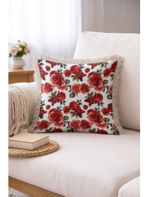 Hanna Home Dekoratif Yastık Kılıfı Tropikal Çiçek Desenli Koltuk Takımı Aksesuarı Saçaklı Kırlent Kılıfı 43X43 cm