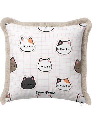 Hanna Home Saçaklı Kırlent Kılıfı Kedi Figürlü Hayvan Desenli Kırlent Kılıfı Oturma Odası Kırlenti 43X43 cm