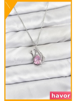 Havor Pembe Kuğu Zirkon Taşlı Kadın Kolye 45CM Paslanmaz Çelik