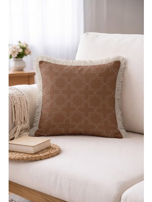 Hanna Home Dekoratif Kırlent Kılıfı Toprak Kahverengi Geometrik Desenli Saçaklı Kırlent Kanepe Dekorasyonu 43X43 cm