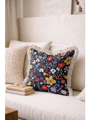 Hanna Home Tropikal Çiçek Desenli Saçaklı Kırlent Kılıfı Kırlent Kılıfı Oturma Odası Kırlenti 43X43 cm
