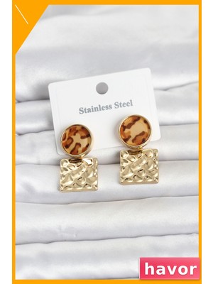 Havor Leopar Desenli Plaka Model Kadın Küpe 316L Çelik Gold