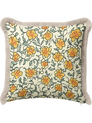 Hanna Home Dekoratif Kırlent Kılıfı Çiçek Desenli Salon Koltuk Yastığı Saçaklı Yastık Kılıfı 43X43 cm