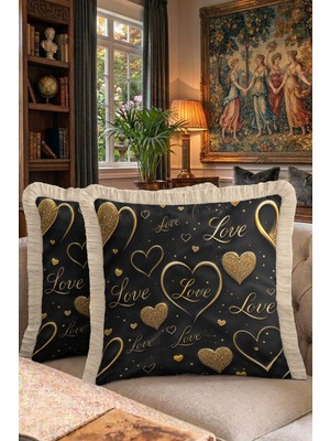 Hanna Home Dekoratif Kırlent Kılıfı Saçaklı Altın Kalpli Siyah Yastık Kılıfı Koltuk Takımı Aksesuarı 43X43 cm