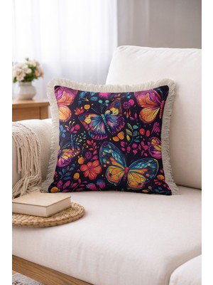 Hanna Home Saçaklı Kırlent Kılıfı Botanik Floral Desenli Yatak Odası Dekoru Saçaklı Saçaklı Kırlent 43X43 cm