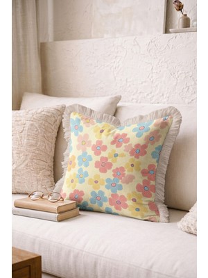 Hanna Home Saçaklı Kırlent Kılıfı Tropikal Çiçek Desenli Saçaklı Kırlent Yatak Odası Dekoru 43X43 cm
