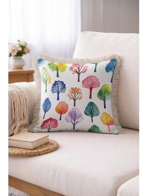 Hanna Home Dekoratif Kırlent Kılıfı Botanik Floral Desenli Ev Dekorasyonu Saçaklı Yastık Kılıfı 43X43 cm