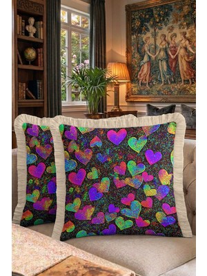 Hanna Home Saçaklı Saçaklı Kırlent Renkli Kalp Desenli Kırlent Kılıfı Yatak Odası Dekoru 43X43 cm