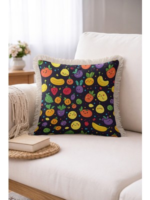 Hanna Home Saçaklı Saçaklı Kırlent Kırlent Kılıfı Renkli Meyve Desenli Dekoratif Yastık Kılıfı Ev Dekorasyonu 43X43 cm