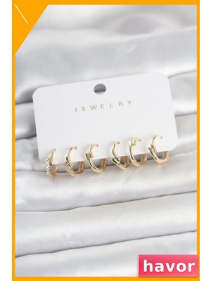 Havor Botega Model Pirinç Gold Renk Kadın Küpe Seti