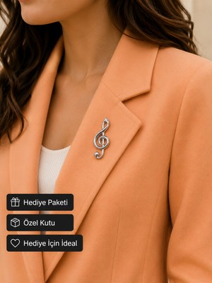 Herşey Nota Sol Anahtarı Tasarımlı Gümüş Renk Müzik Nota Broşu – Kadın Yaka Aksesuarı