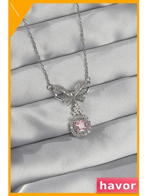 Havor Paslanmaz Çelik Fiyonk Detaylı Pembe Taşlı Kolye