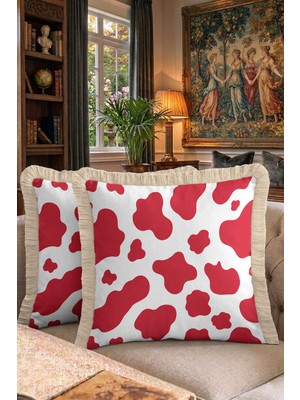 Hanna Home Dekoratif Kırlent Kılıfı Kırmızı Beyaz Leopar Desenli Salon Koltuk Yastığı Saçaklı Kırlent Kılıfı 43X43 cm