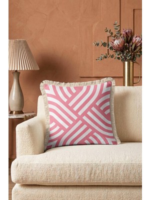 Hanna Home Saçaklı Yastık Kılıfı Pastel Pembe Kırlent Kılıfı Geometrik Pembe Dekoratif Kırlent Kılıfı Ev Dekorasyonu 43X43 cm