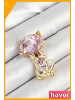 Havor Pembe Zirkon Taşlı Kedi Figürlü Kadın Broş