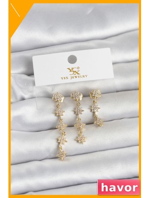 Havor Pirinç Gold Renk Sıralı Kutup Yıldızı Model 3'lü Kadın Küpe