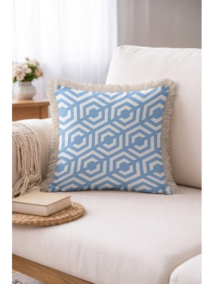 Hanna Home Saçaklı Saçaklı Kırlent Mavi Beyaz Geometrik Desen Dekoratif Kırlent Kılıfı Salon Koltuk Yastığı 43X43 cm
