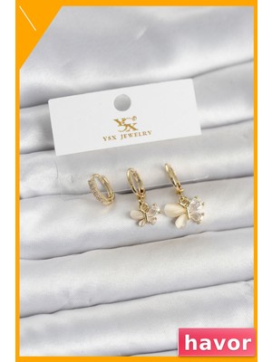 Havor Model 3'lü Kadın Küpe Seti Pirinç Gold Renk