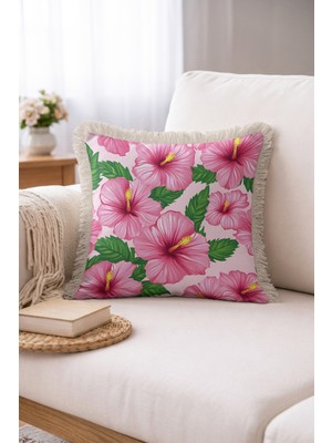 Hanna Home Dekoratif Yastık Kılıfı Botanik Floral Desenli Kanepe Dekorasyonu Saçaklı Kırlent Kılıfı 43X43 cm