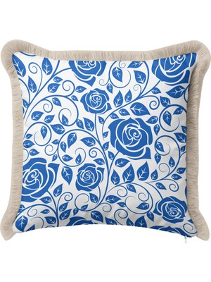 Hanna Home Mavi Gül Desenli Saçaklı Kırlent Kılıfı Kırlent Kılıfı Koltuk Takımı Aksesuarı 43X43 cm