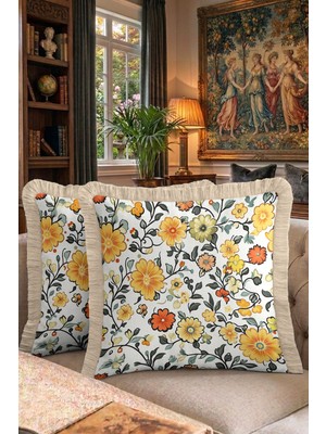 Hanna Home Saçaklı Kırlent Kılıfı Botanik Floral Desenli Kırlent Kılıfı Yatak Odası Dekoru 43X43 cm