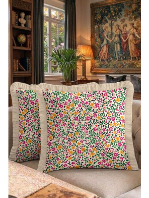 Hanna Home Tropikal Çiçek Desenli Saçaklı Kırlent Kılıfı Saçaklı Kırlent Kanepe Dekorasyonu 43X43 cm